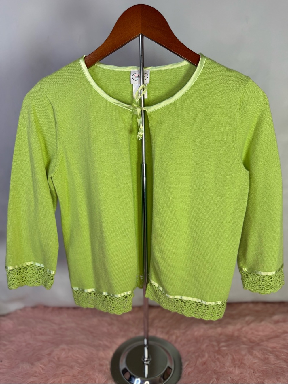 Talbots Kids 100% Cotton Lime Green Ribbon-Tie Knit Cardigan Size 14